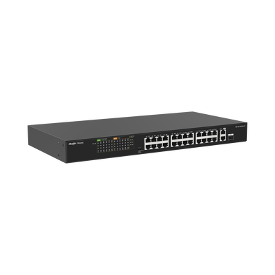 [RG-ES126FGS-P] Switch PoE+ no Administrable, hasta 370 Watts Ideal para CCTV, 24 Puertos 10/100 PoE+, 2 Uplinks Gigabit (1 SFP COMBO)
