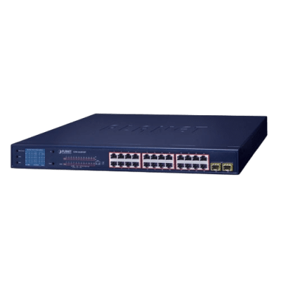 [GSW-2620VHP] Switch PoE de 24 Puertos Gigabit 802.3af/at con Modo Extendido 250 m, 2 Puertos SFP 1000SX , Pantalla LCD para Configuración Básica, Hasta 300 W para PoE