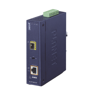 [IGTP-805AT] Convertidor de Medios PoE Industrial, Puerto SFP 1000BASE-SX/LX a Puerto RJ45 Gigabit con Salida PoE 802.3at (Hasta 30 W).
