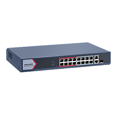 [DS-3E1318P-EI/M] Switch PoE+ / Monitoreable / 16 Puertos 10/100 Mbps PoE+ / 2 Puertos 1000 Mbps Uplink / 1 Puerto SFP Uplink / Modo Extendido hasta 300 Metros / 130 W
