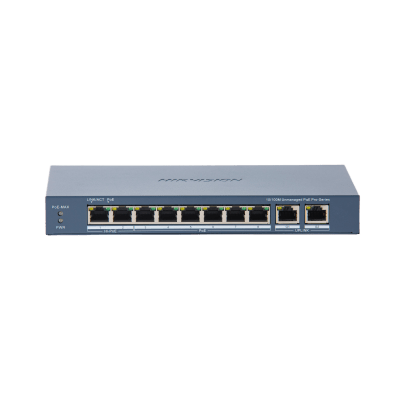 [DS-3E0310HP-E(C)] Switch PoE+ / No Administrable / 7 Puertos 10/100 Mbps 802.3 af/at (30 W) / 1 Puerto 10/100 Mbps Hi-PoE (90 W) / 2 Puertos 1000 Mbps Uplink / Modo Extendido hasta 300 Metros / 110 Watts
