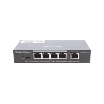 [RG-ES205GC-P] Switch Administrable PoE con 5 puertos Gigabit, 4 PoE 802.3af/at, gestión gratuita desde la nube, 54w