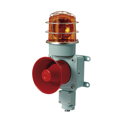 Combinación de luz de advertencia giratoria color Ámbar con bocina eléctrica para aplicaciones de la industria a 24 VCD, máx. 120 dB