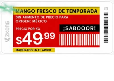 [ZKC21B] Etiqueta de Estantería Electrónica ESL ZKE21B / Pantalla EPD 2.13 Pulgadas / Resolución 122x250 Píxeles / 4 Colores (Negro Blanco Rojo Amarillo) / BLE 5.0 con Encriptación AES-128 / Batería 5 Años / NFC / C