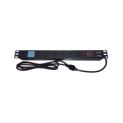 Tomacorriente Horizontal (PDU) de 6 contactos (NEMA 5-15R) + 2 USB para instalación en Rack de 19, 1UR, 125 Vca/ 15 A (THE0040091001001)