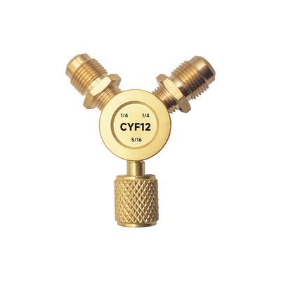 Conector Y CYF12 para Sistemas de Refrigeración / 2 Entradas 1/4 Macho Flare / 1 Salida 5/16 Hembra Flare / Recuperación Rápida y Evacuación / Material Metálico Resistente