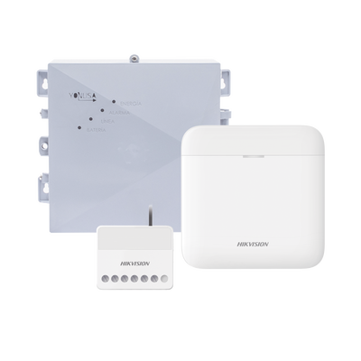 [DS-PWA48-SYSNG] (AX PRO + YONUSA) KIT de Alarma AX PRO / Incluye: 1 Hub con bateria de respaldo / 1 Energizador 2500Mts Lineales / 1 Relevador 0 a 36 Vcc (Max. 5 A) con Entrada de Alarma 27/7