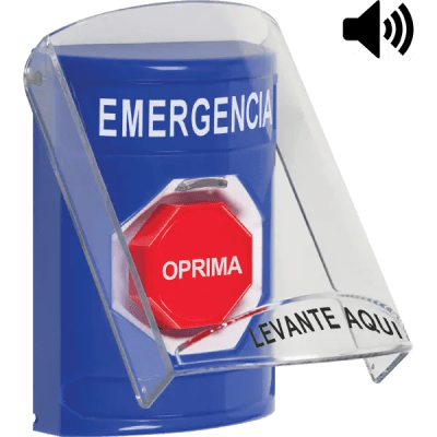 [SS24A2EM-ES] ​Botón Multipropósito, Color Azul, De Superficie, Con Tapa De Policarbonato, Con Bocina Pre Alarma, Solo Interior, Llave Para Restablecer, Texto De Emergencia, Español