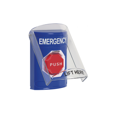 [SS24A2EM-EN] Botón Multipropósito, Color Azul, De Superficie, Con Tapa De Policarbonato, Con Bocina Pre Alarma, Para Interior, Llave Para Restablecer, Texto De Emergencia, Ingles