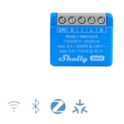 [SHELLY1MINIGEN4] Mini Interruptor inteligente con Wi-Fi 2.4 / contacto seco /1 canal 8A, 110 - 240V / compatible con asistentes de voz