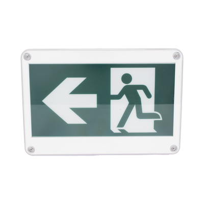 Letrero EXTERIOR de Señalización salida Hombre Corriendo/ Alto brillo / Uso en pared, lateral o techo / Batería de Respaldo Incluida con hasta 120 minutos de duración