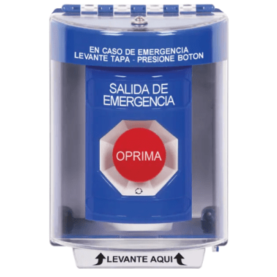 [SS2471EX-ES] Botón Multipropósito, Color Azul, De Superficie, Con Tapa De Policarbonato, Sin Bocina, Para Interior/Exterior, Llave Para Restablecer, Texto Salida De Emergencia, Español