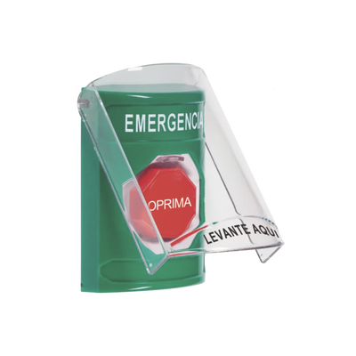 [SS21A2EM-ES] ​​Botón Multipropósito, Color Verde, De Superficie, Con Tapa De Policarbonato, Con Bocina Pre Alarma, Solo Interior, Llave Para Restablecer, Texto De Emergencia, Español