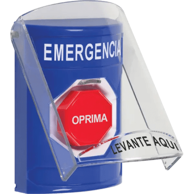 [SS2422EM-ES] ​Botón Multipropósito, Color Azul, De Superficie, Con Tapa De Policarbonato, Sin Bocina Pre Alarma, Solo Interior, Llave Para Restablecer, Texto De Emergencia, Español