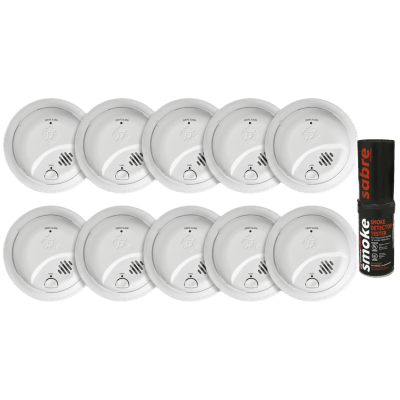 [1046832KSABRE] Kit de 10 Detectores de Humo Autónomos FIRST ALERT por Ionización / Alarma 85 dB / Botón Prueba y Silencio / Probador SABRE SDI