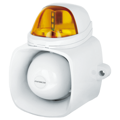 Sirena / Luz Estroboscópica Autónoma / Color Ambar 4 en 1 / IP65 / Uso Interior y Exterior / 12 Vcd / Múltiples Tipos de Notificación / Estroboscópica, de Sirena o de Audio /