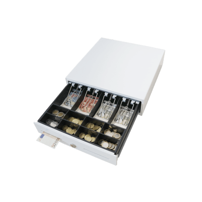 [MK330] Cajón para Efectivo / Serie MK / 4 Compartimentos Billetes 5-8 Monedas / Clips Metálicos / Ranura de Inserción / Punto de Venta