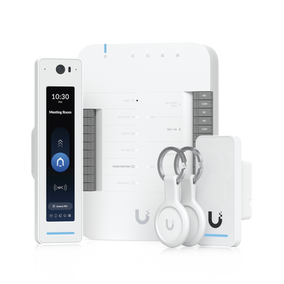 [UA-G2-SK-PRO] UniFi Access Kit de Inicio Gen2 Profesional para 1 puerta, (1) Lector NFC con pantalla táctil, audio 2 vías y cámara / (1) Lector NFC y de movimiento UA-G2 / Hub para conexiones para controlar una puerta con salida POE y energizar acc