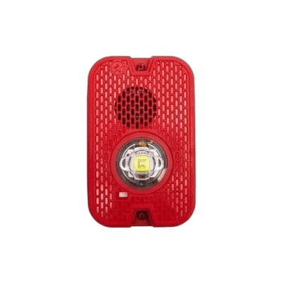 [P2GRKLED] Sirena con Lámpara LED Estroboscópica / 2 Hilos / Montaje en Pared / 16 a 24 Vcd / Configuración Estroboscópica Seleccionable / Texto en Inglés / Color Rojo / Uso exterior
