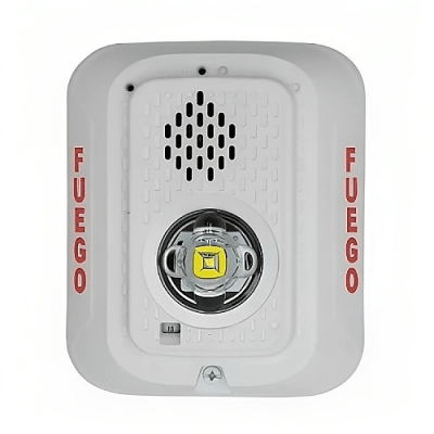 [P2WLEDSP] Sirena con Lámpara LED Estroboscópica / a 2 Hilos / Montaje en Pared / 24 Vcd / Configuración Estroboscópica Seleccionable / Texto en Español / Color Blanca