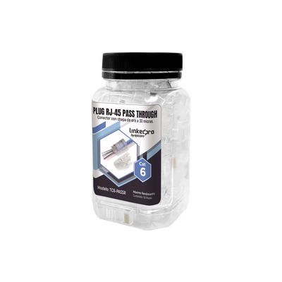 [TC6-PASSR] Bote con 50 Plugs Pass Through RJ45 Cat6 sin Blindaje, con Alivio de Tensión Incluido, Chapado de Oro a 30 Micras para Durabilidad Extrema