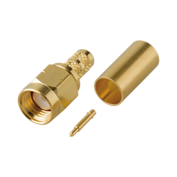 Conector SMA Macho de Rosca Izquierda, Anillo Plegable para Cable RG-58/U, Oro/ Oro/ Teflón.