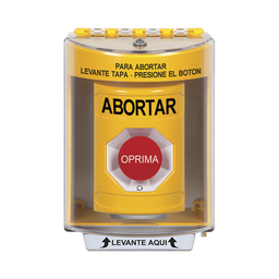 Botón de Abortar, Texto en Español, Tapa Protectora de Policarbonato Súper Resistente, Girar para restablecer